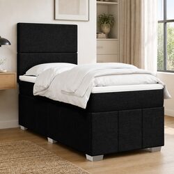 King Single Box Spring Bed with Pocket Mattress Black Fabric Adjustable