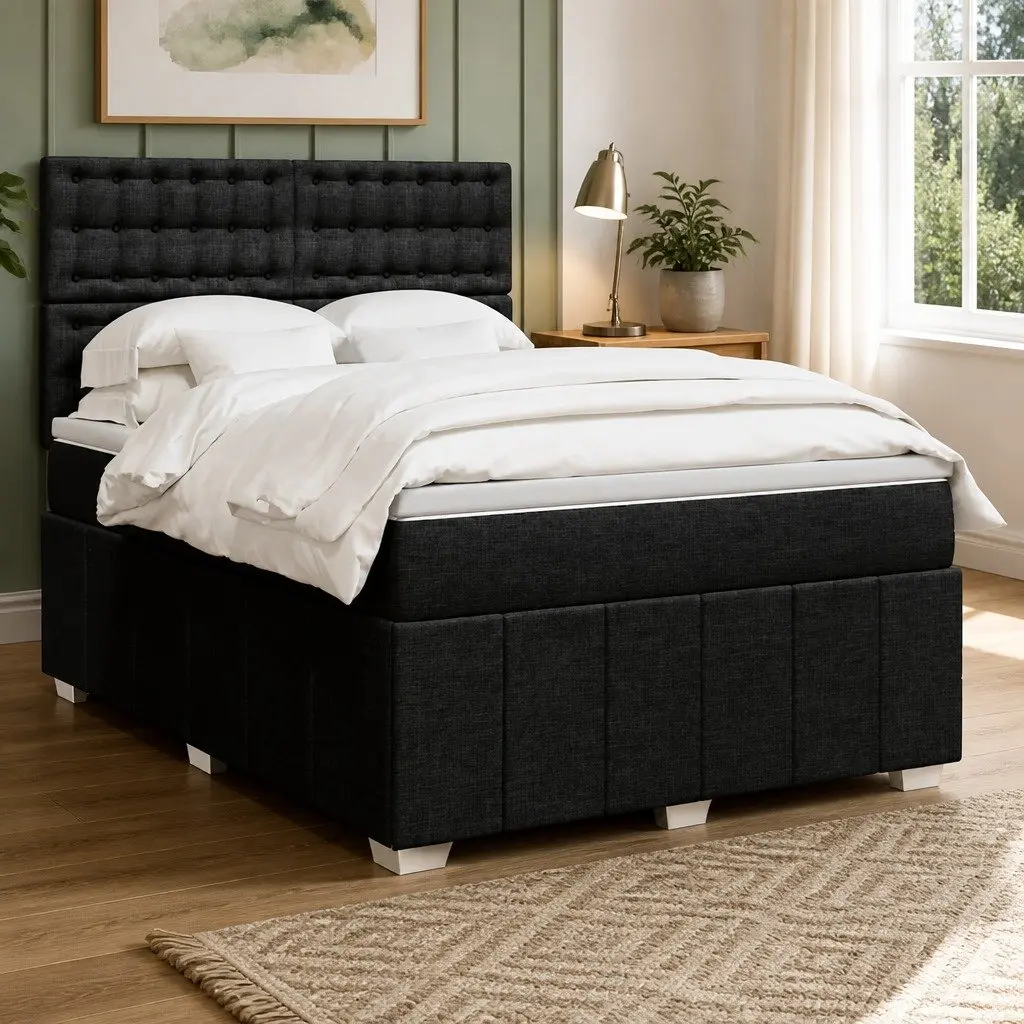 Double Bed Frame with Adjustable Headboard Pocket Spring Mattress Black Polyester Fabric
