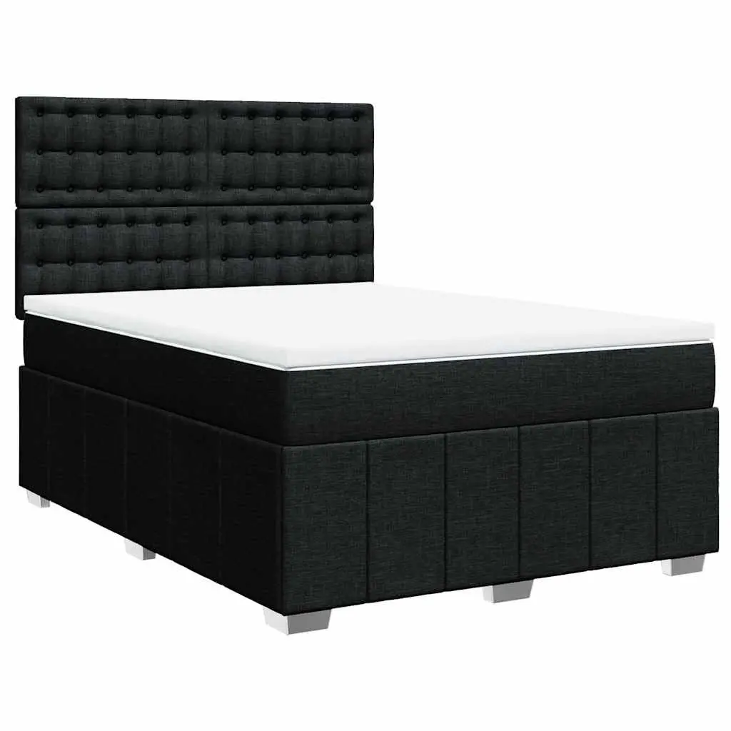 Double Bed Frame with Adjustable Headboard Pocket Spring Mattress Black Polyester Fabric