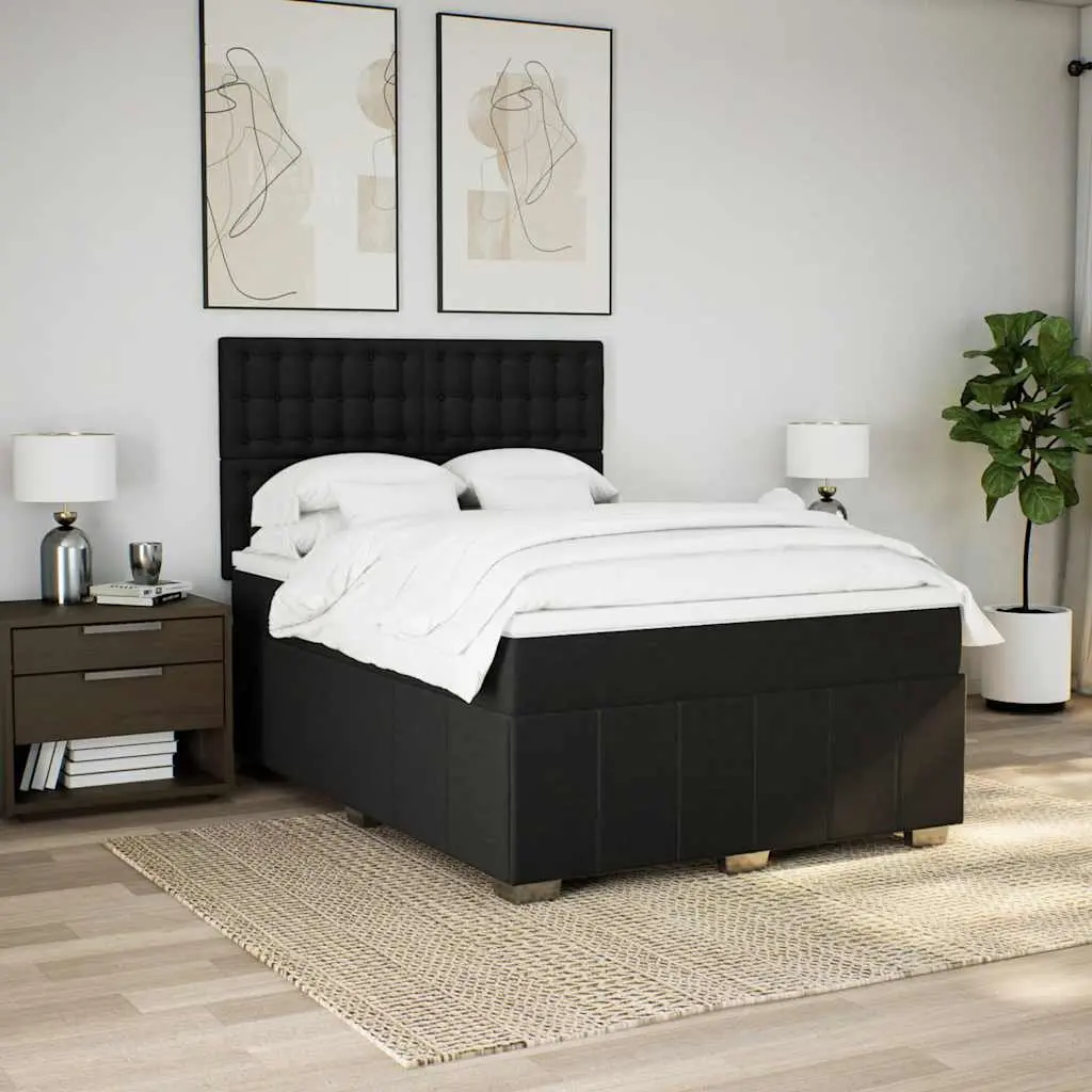 Double Bed Frame with Adjustable Headboard Pocket Spring Mattress Black Polyester Fabric