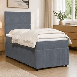 Box Spring Bed with Pocket Spring Mattress King Single Grey Velvet Headboard