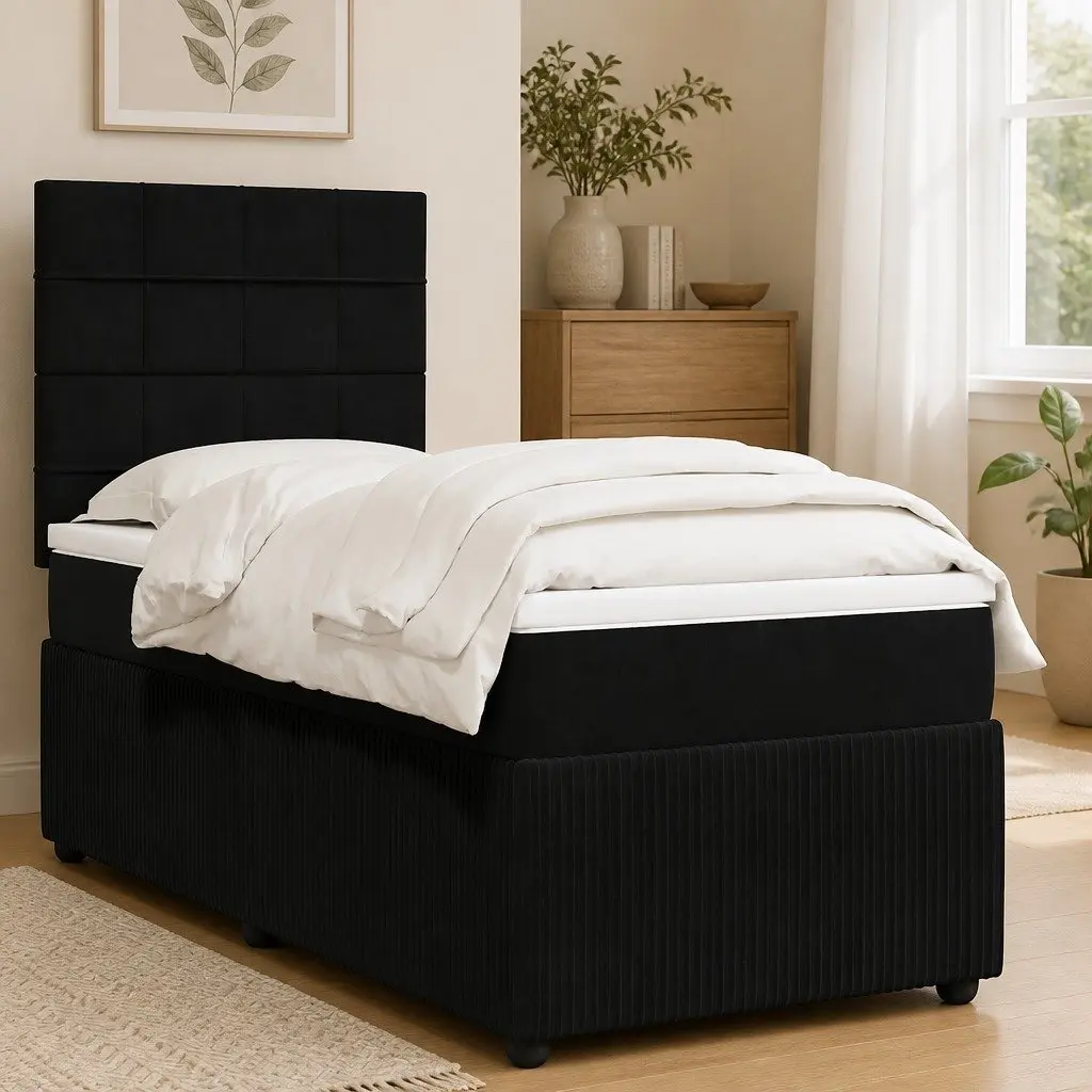 Box Spring Bed Velvet King Single with Pocket Mattress Black Adjustable Headboard