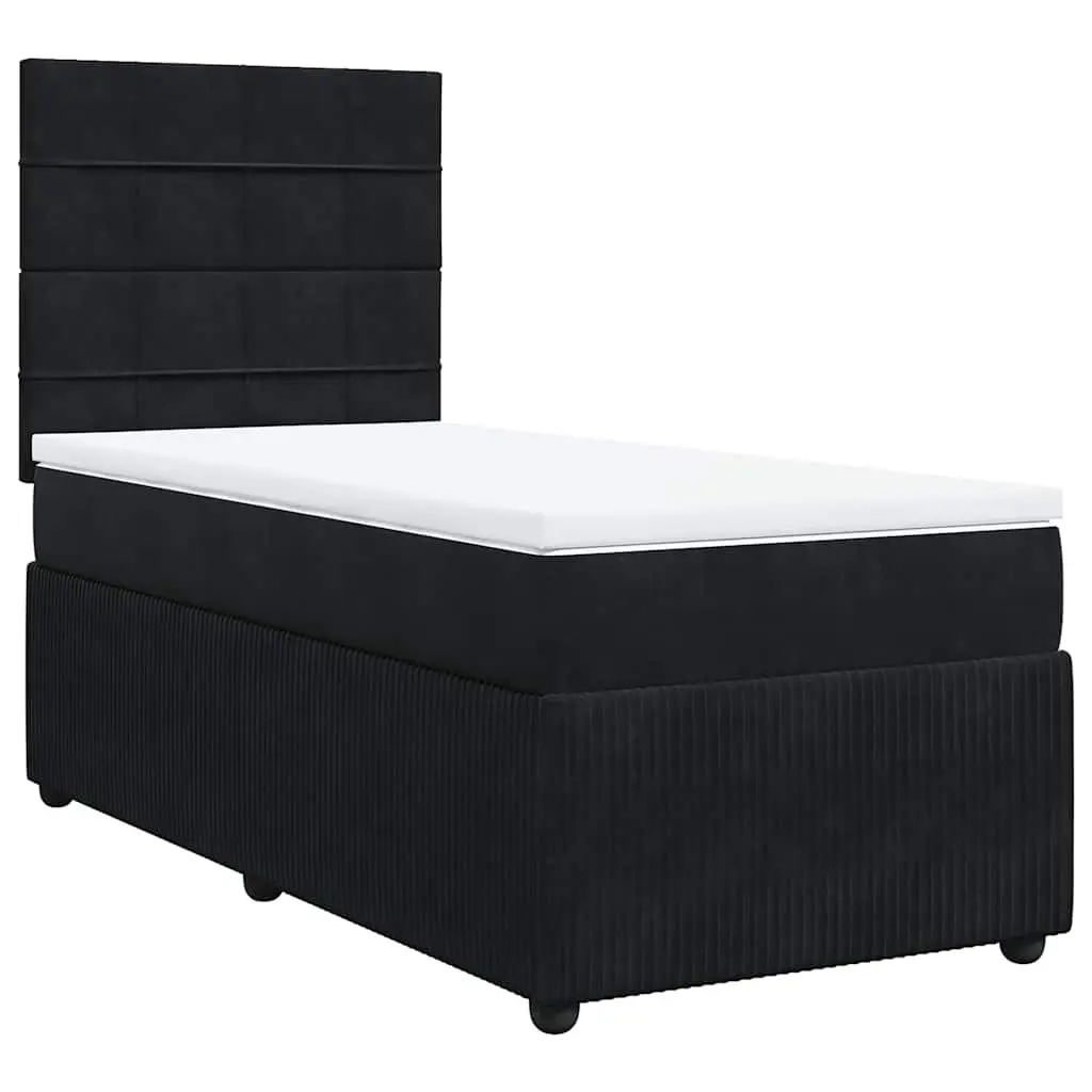 Box Spring Bed Velvet King Single with Pocket Mattress Black Adjustable Headboard