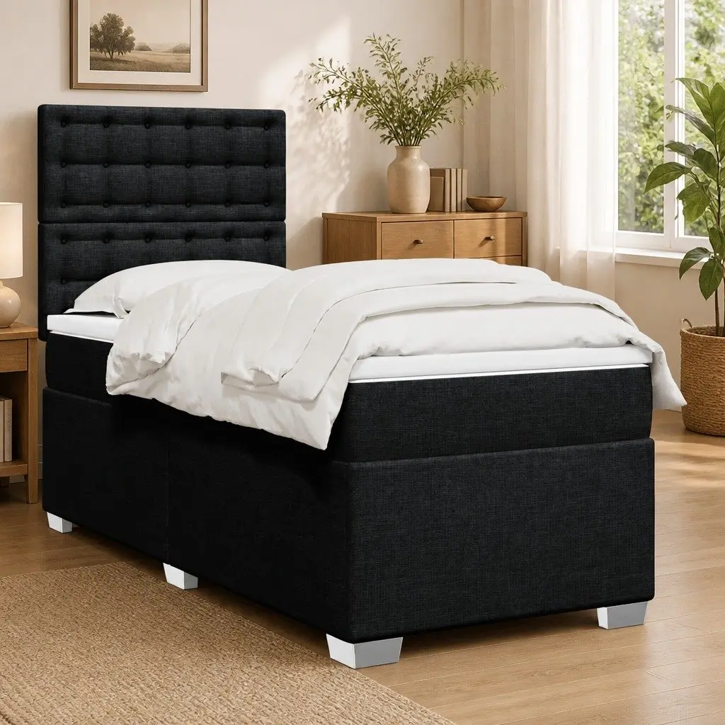 King Single Box Spring Bed with Mattress Black Fabric LED Headboard Bedroom