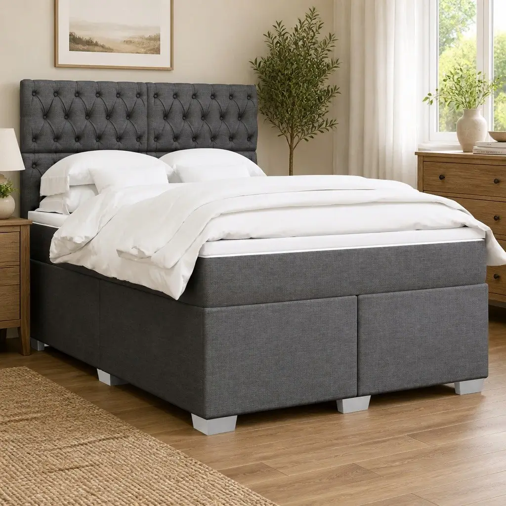 Queen Bed Grey Adjustable Headboard Pocket Spring Mattress Box Spring with LED Lights