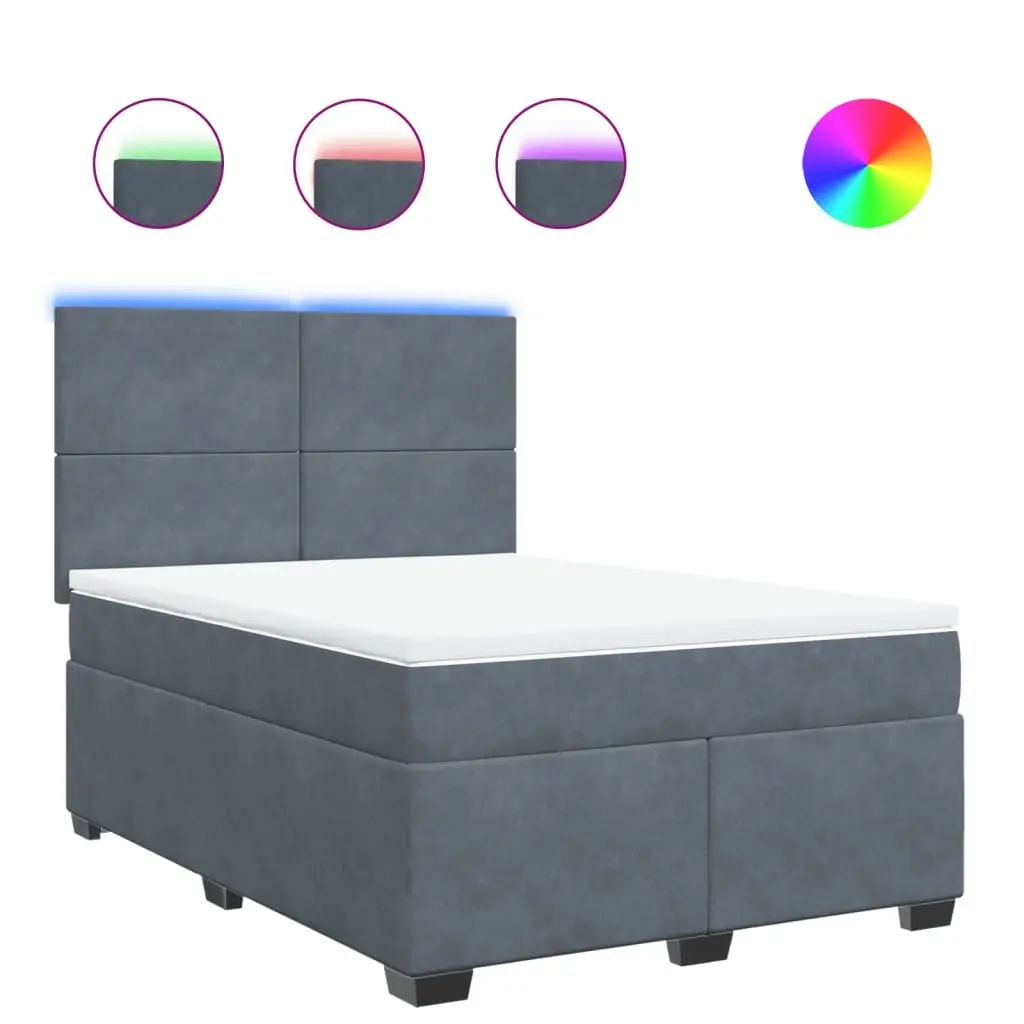 Box Spring Bed Velvet Fabric Pocket Spring Mattress Height Adjustable Headboard LED Lights Dark Grey