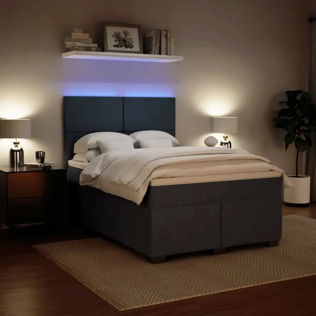 Box Spring Bed Velvet Fabric Pocket Spring Mattress Height Adjustable Headboard LED Lights Dark Grey