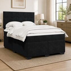 Double Box Spring Bed with Mattress Black Velvet Upholstered LED Headboard