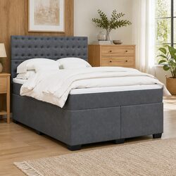 Double Box Spring Bed with Pocket Mattress LED Lights Adjustable Headboard Grey