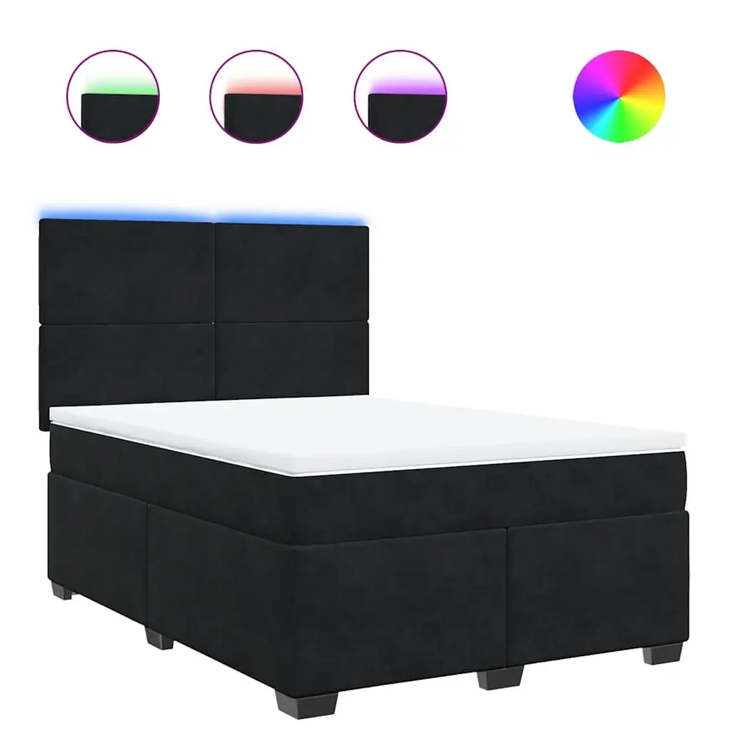 Queen Size Box Spring Bed Velvet Fabric Black with Mattress and LED Headboard