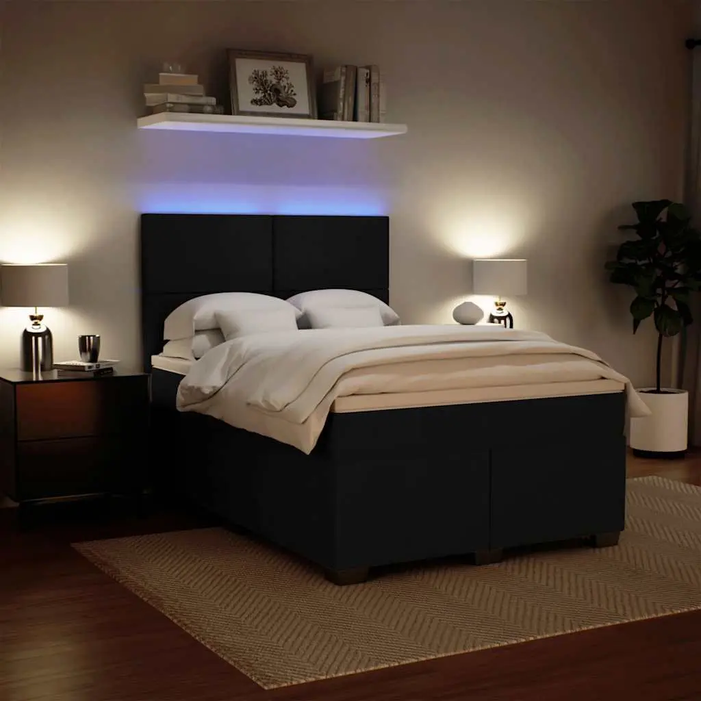 Queen Size Box Spring Bed Velvet Fabric Black with Mattress and LED Headboard