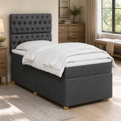 Box Spring Bed with Pocket Spring Mattress LED Lights King Single Grey Fabric