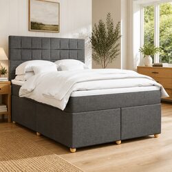 Double Box Spring Bed with Pocket Mattress LED Headboard Grey Fabric Frame