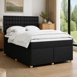 Double Box Spring Bed with Pocket Mattress LED Headboard Black Fabric