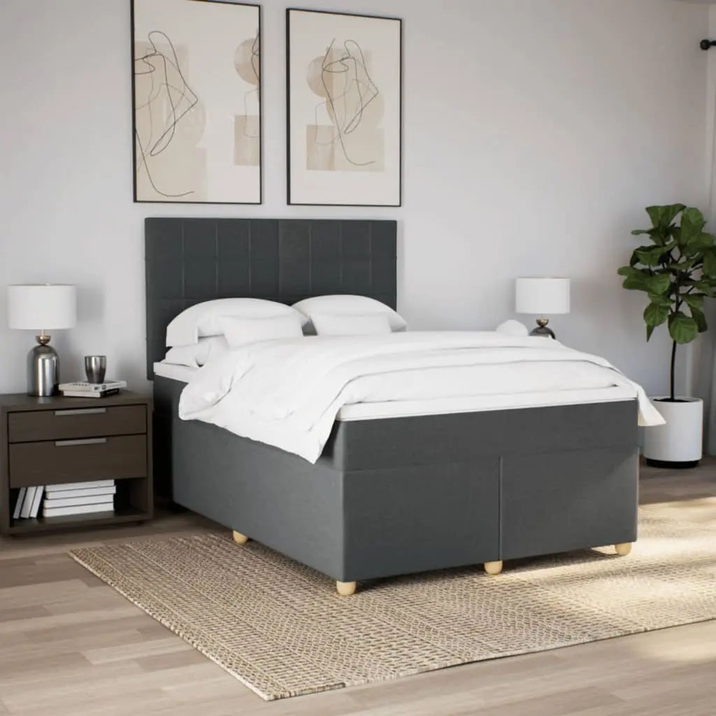 Box Spring Bed Mattress Queen Size Dark Grey Fabric