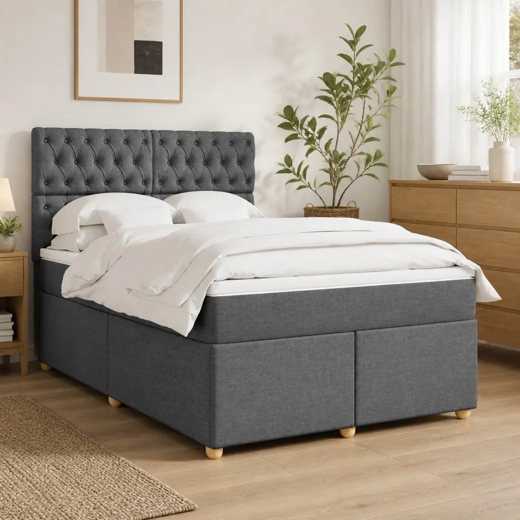Queen Bed with Adjustable Headboard Pocket Spring Mattress LED Lights Grey Polyester Fabric
