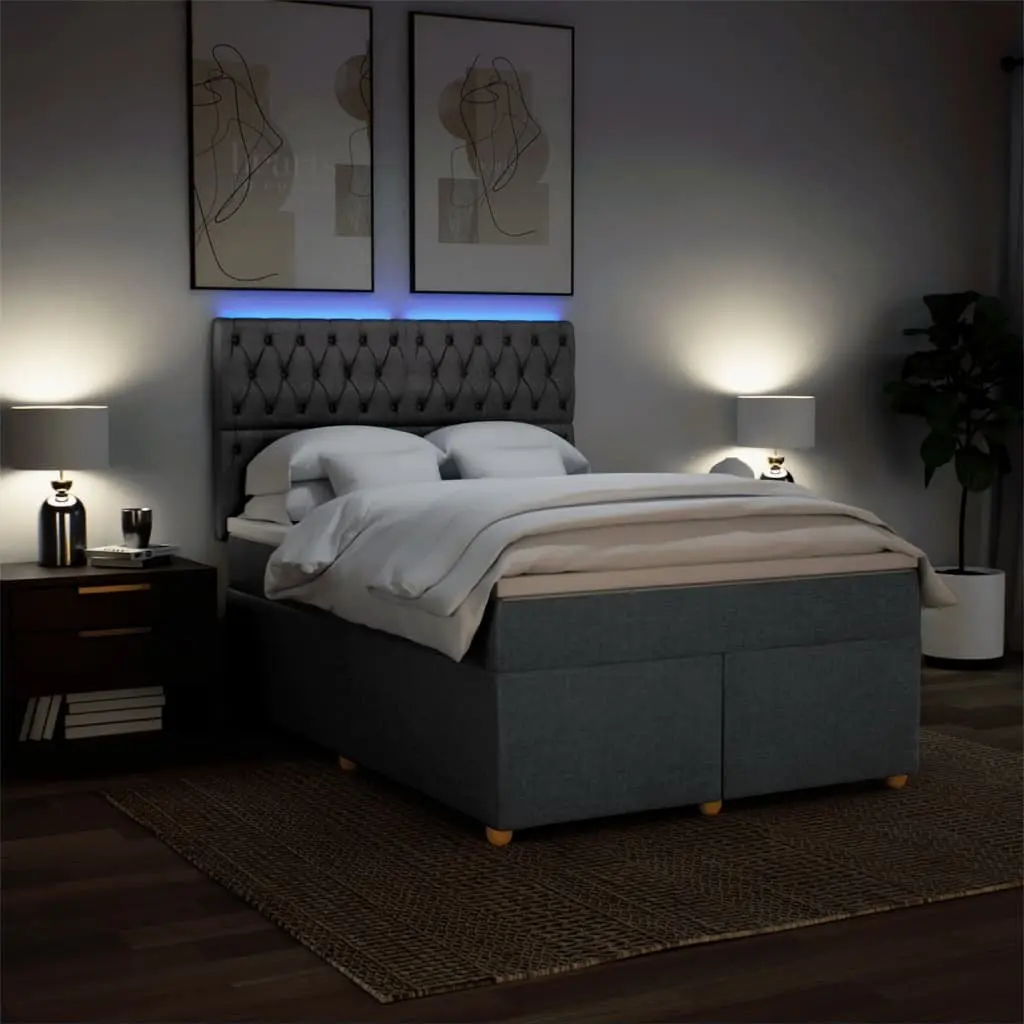 Queen Bed with Adjustable Headboard Pocket Spring Mattress LED Lights Grey Polyester Fabric