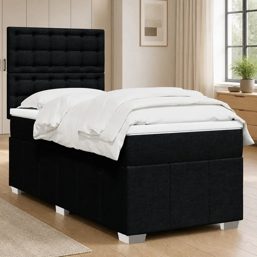Box Spring Bed with Pocket Mattress Black King Single Adjustable Headboard LED