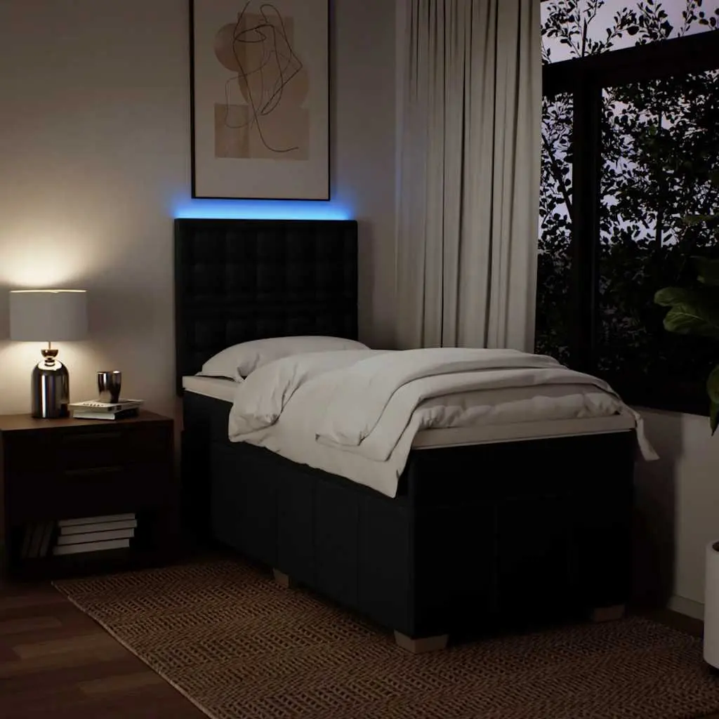 Box Spring Bed with Pocket Mattress Black King Single Adjustable Headboard LED
