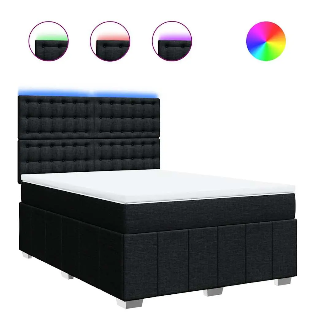 Double Box Spring Bed Pocket Spring Mattress Adjustable Headboard Black Polyester Fabric