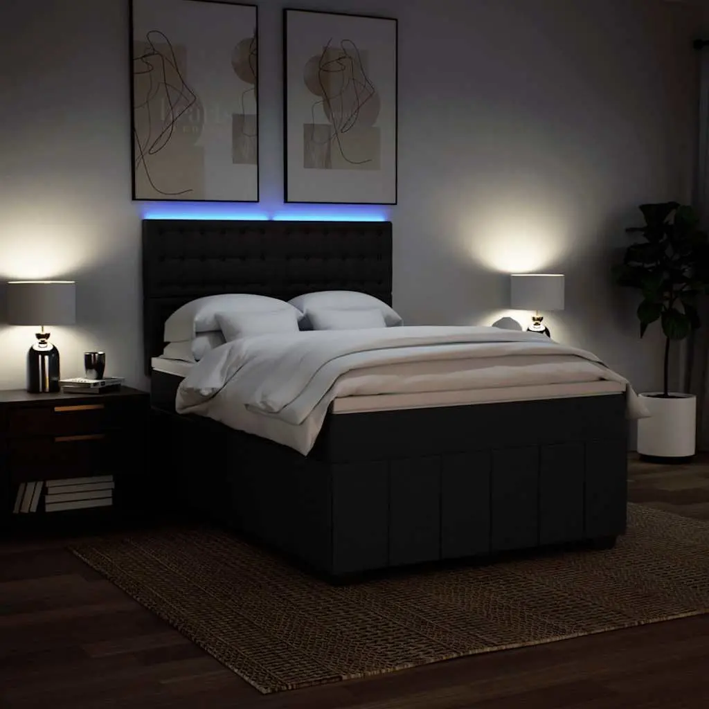 Double Box Spring Bed Pocket Spring Mattress Adjustable Headboard Black Polyester Fabric