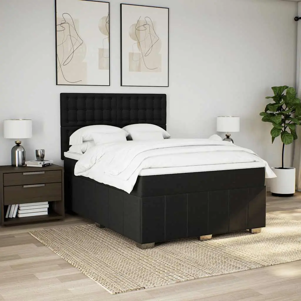 Double Box Spring Bed Pocket Spring Mattress Adjustable Headboard Black Polyester Fabric