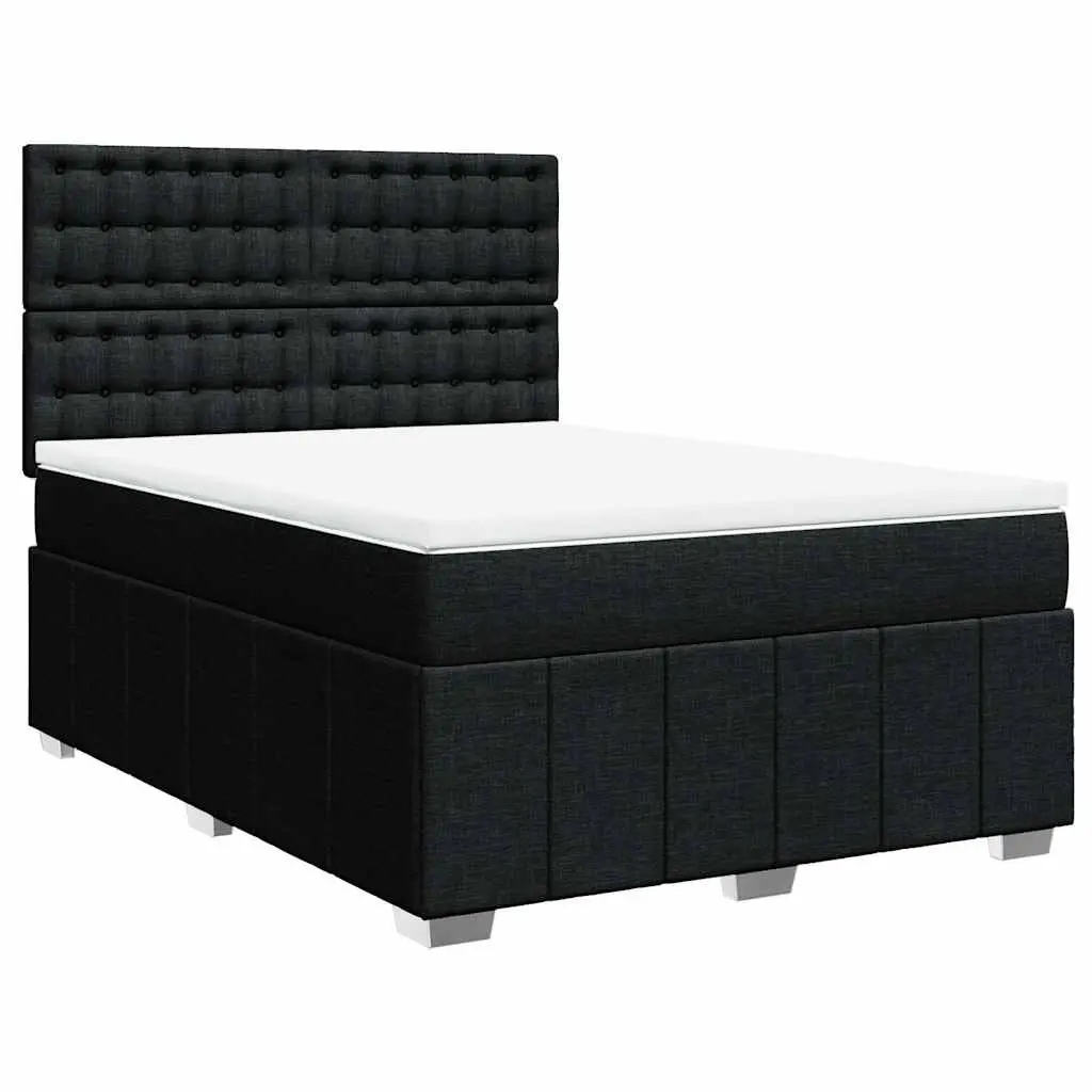 Double Box Spring Bed Pocket Spring Mattress Adjustable Headboard Black Polyester Fabric