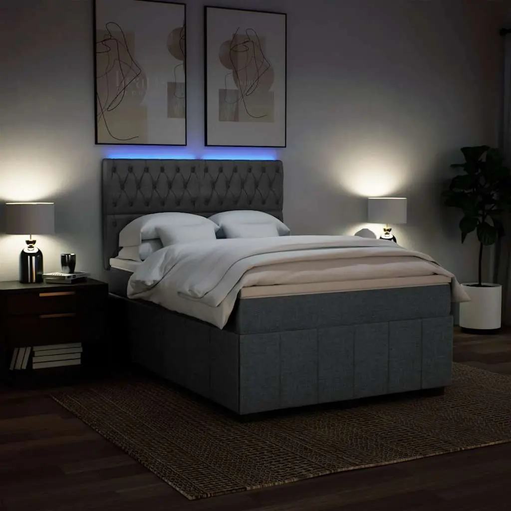 Queen Bed with Adjustable Headboard Pocket Spring Mattress Grey LED Lighting