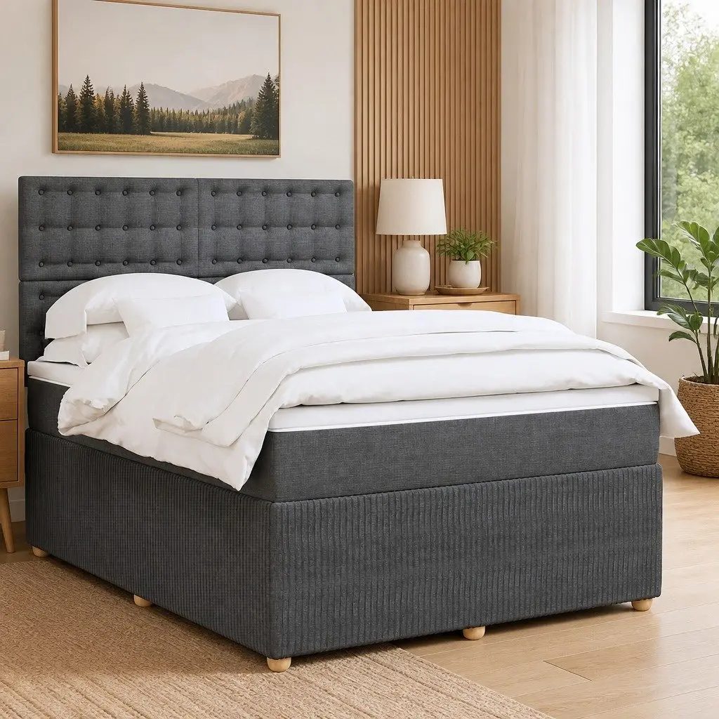 Queen Bed Frame with Grey Fabric Pocket Spring Mattress Adjustable Headboard LED Lighting
