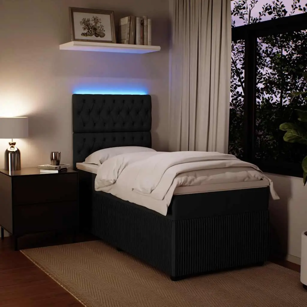 Box Spring Bed with Pocket Spring Mattress King Single Black Velvet LED Lights