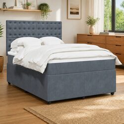 Double Box Spring Bed with Pocket Spring Mattress LED Lights Grey Velvet