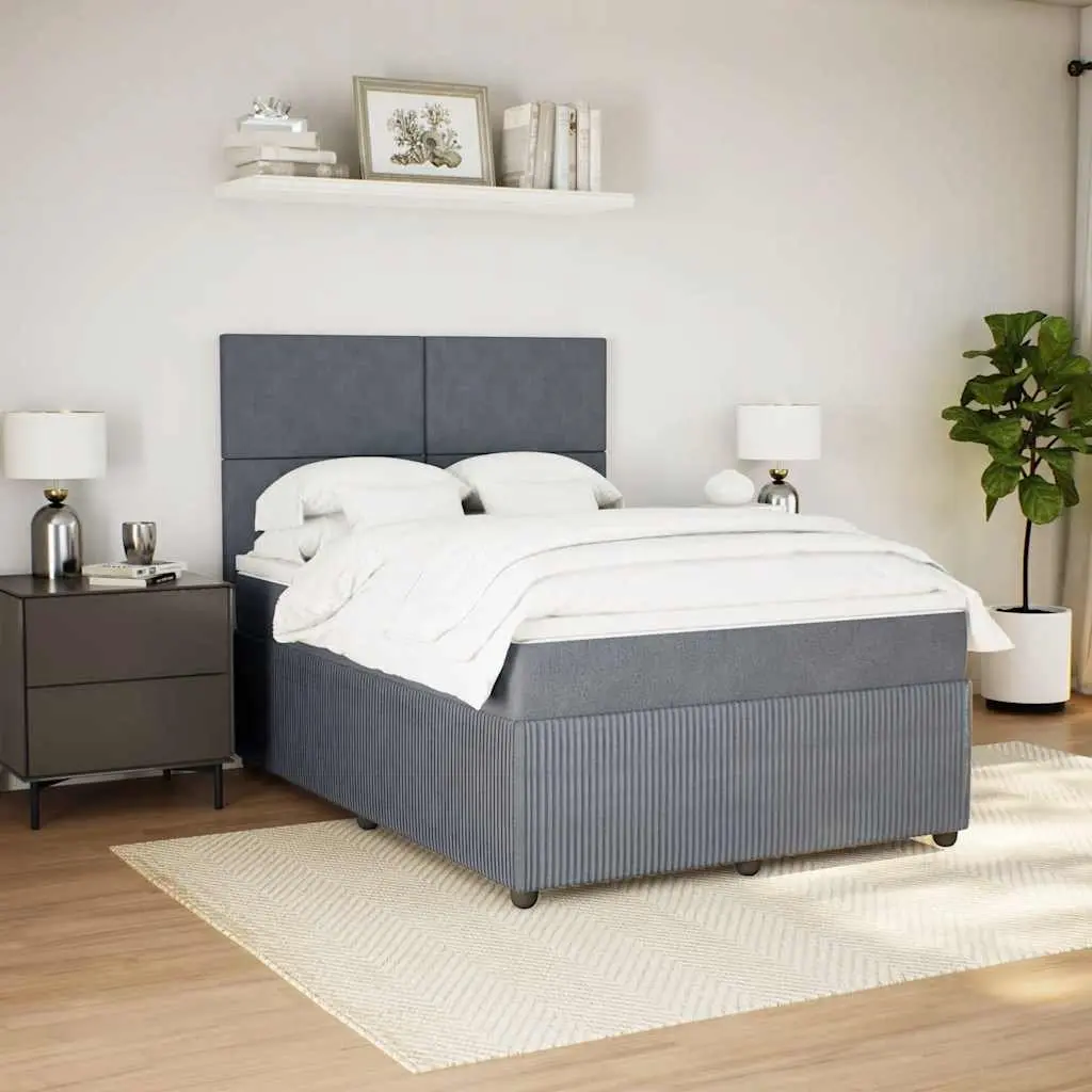 Queen Box Spring Bed with Mattress Dark Grey Velvet LED Adjustable Headboard