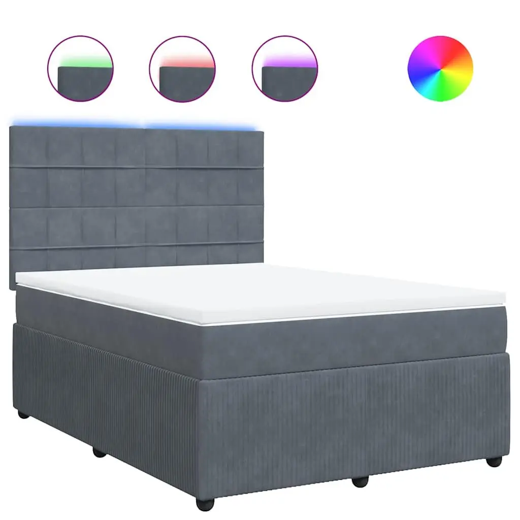 Queen Size Velvet Box Spring Bed Dark Grey with LED Headboard and Pocket Spring Mattress