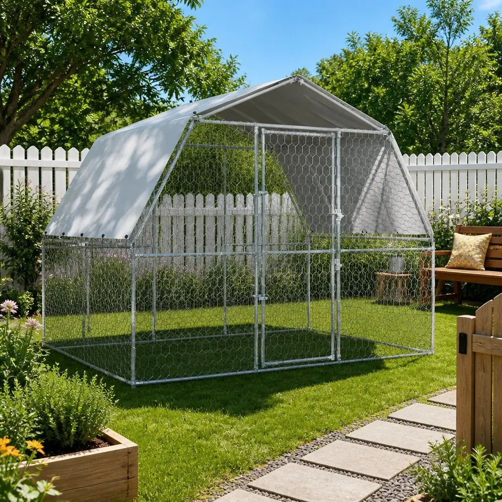 Outdoor Dog Kennel Galvanised Steel Mesh Pen with Roof Silver