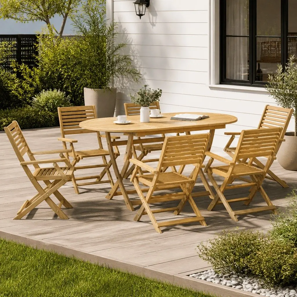 7 Piece Outdoor Garden Dining Set Foldable Acacia Wood Brown