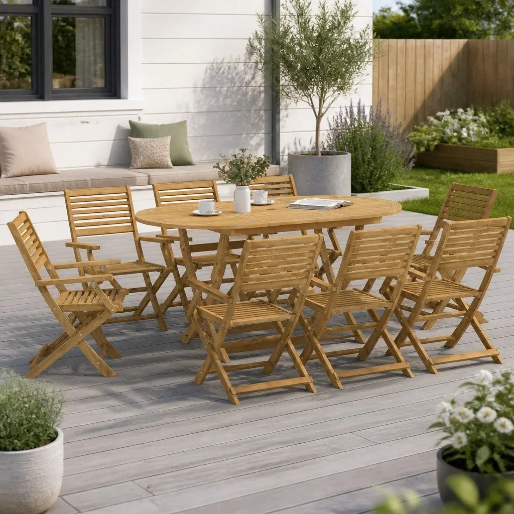 9 Piece Outdoor Dining Set Solid Acacia Wood Garden Furniture Brown Patio Table Chairs