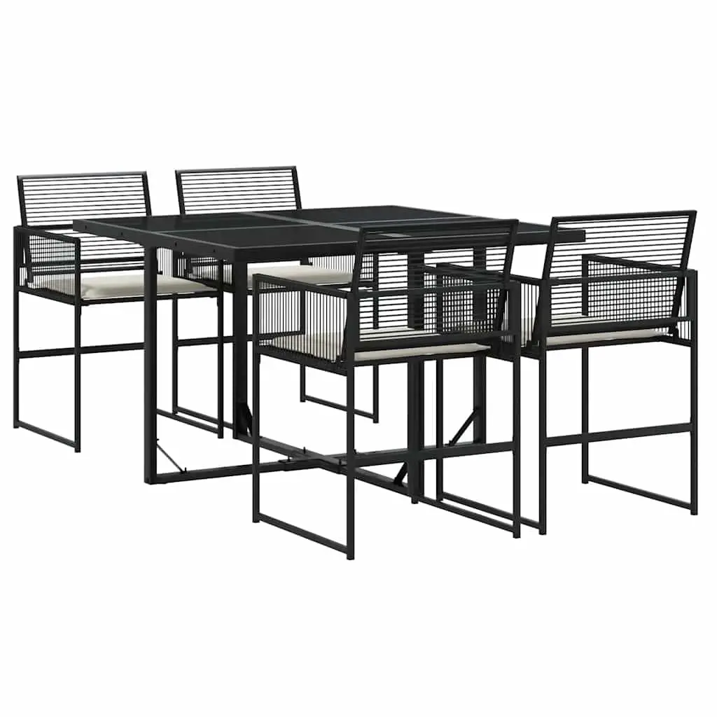 Outdoor Dining Set 5 Piece Black Furniture with Tempered Glass Table and Cushions Rattan Construction