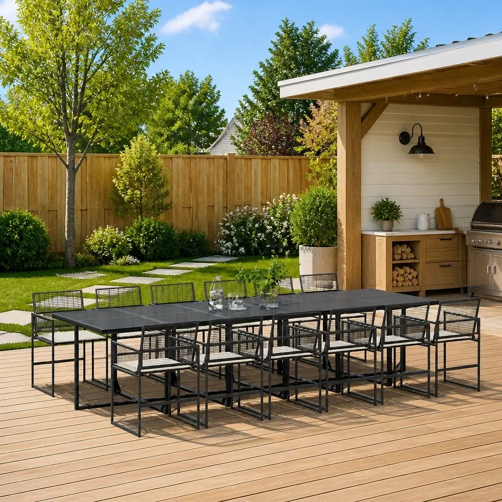 Outdoor Dining Set PE Rattan 13 Piece Black Tempered Glass Table