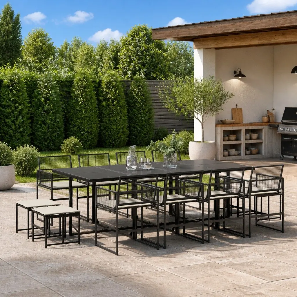 Outdoor Garden Dining Set 13 Piece Black PE Rattan Table Chairs Cushions