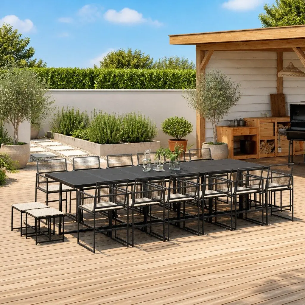 Garden Dining Set PE Rattan 17 Piece Outdoor Furniture Black Table Chairs