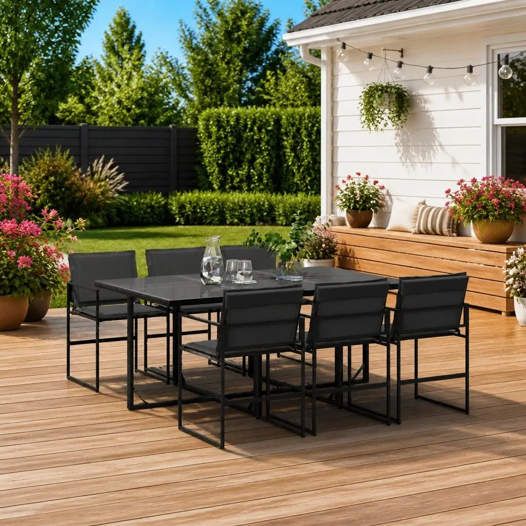 7 Piece Dining Set Patio Tempered Glass Table Black Textilene Chairs