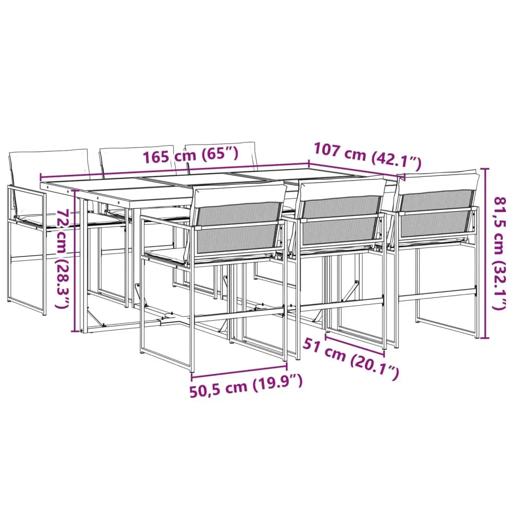7 Piece Dining Set Patio Tempered Glass Table Black Textilene Chairs