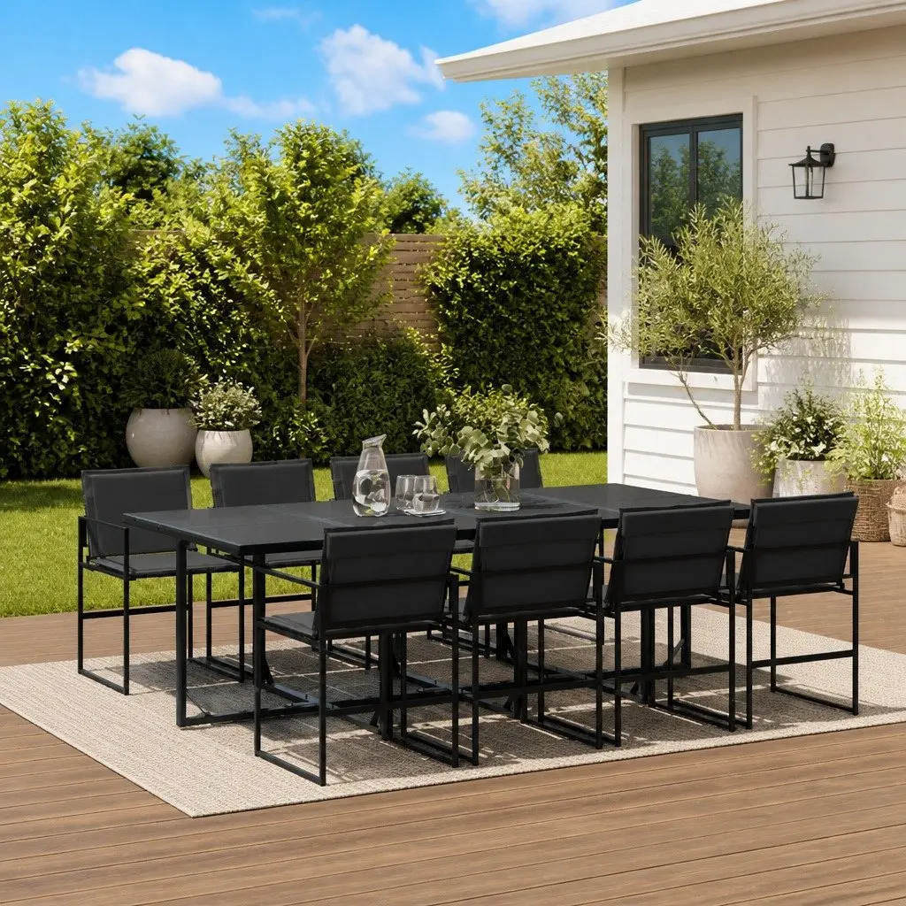 9 Piece Outdoor Dining Set Textilene Folding Chairs Glass Black