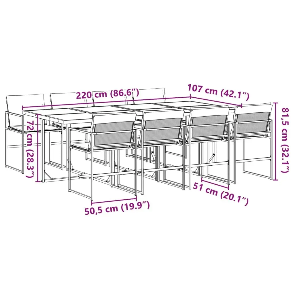9 Piece Outdoor Dining Set Textilene Folding Chairs Glass Black