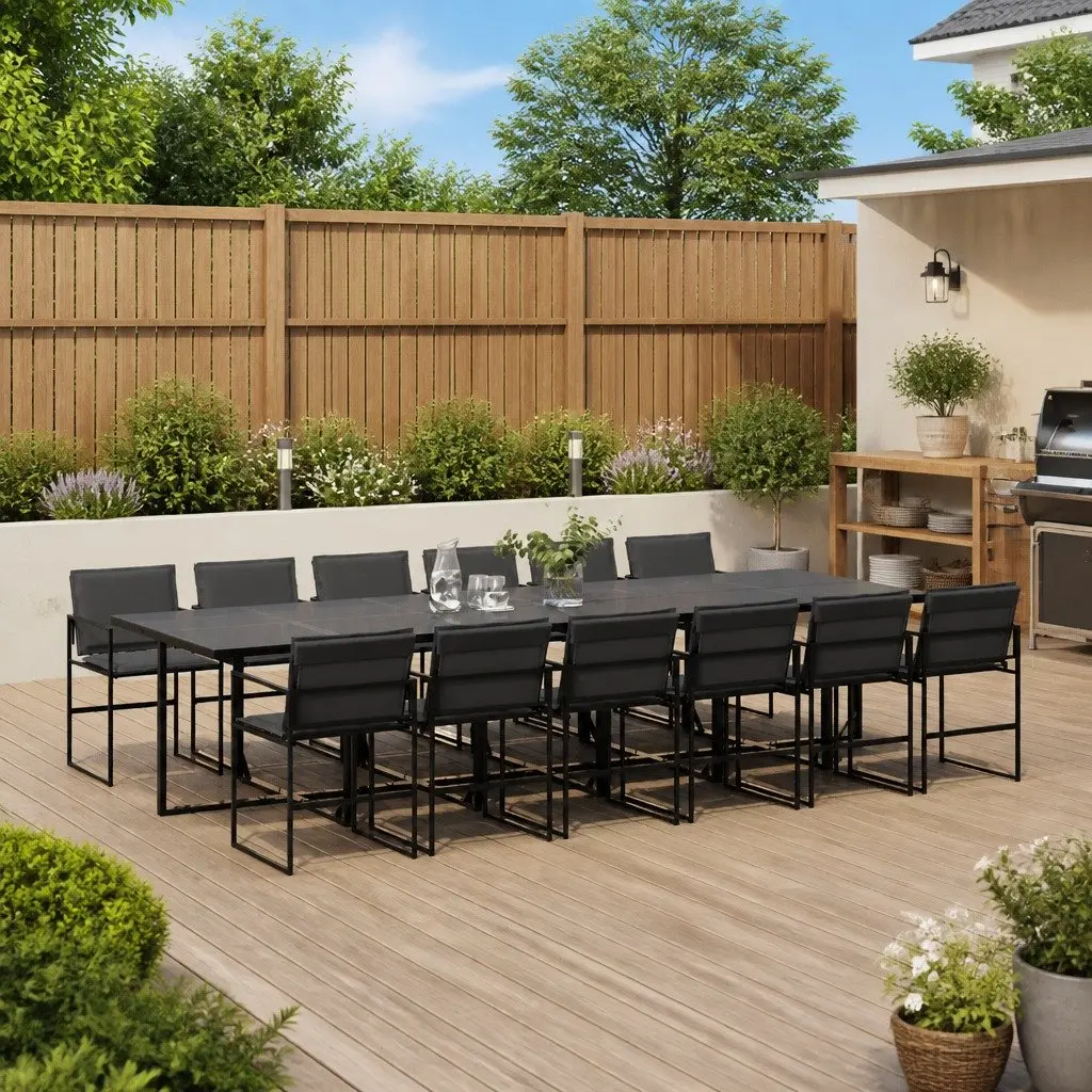 Garden Dining Set Textilene Fabric 13 Piece Outdoor Furniture Black Steel Frame