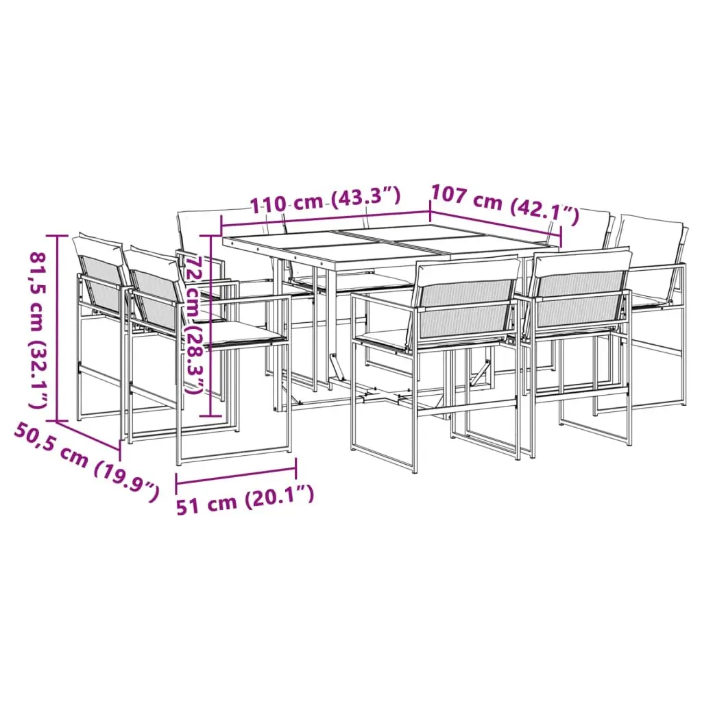 Outdoor Garden Dining Set 9 Piece Black Textilene Chairs Table Patio Furniture