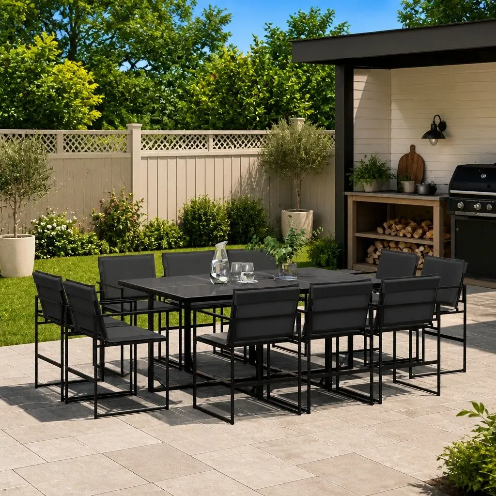 Garden Dining Set 11 Piece Outdoor Patio Furniture Textilene Fabric Black Steel Frame