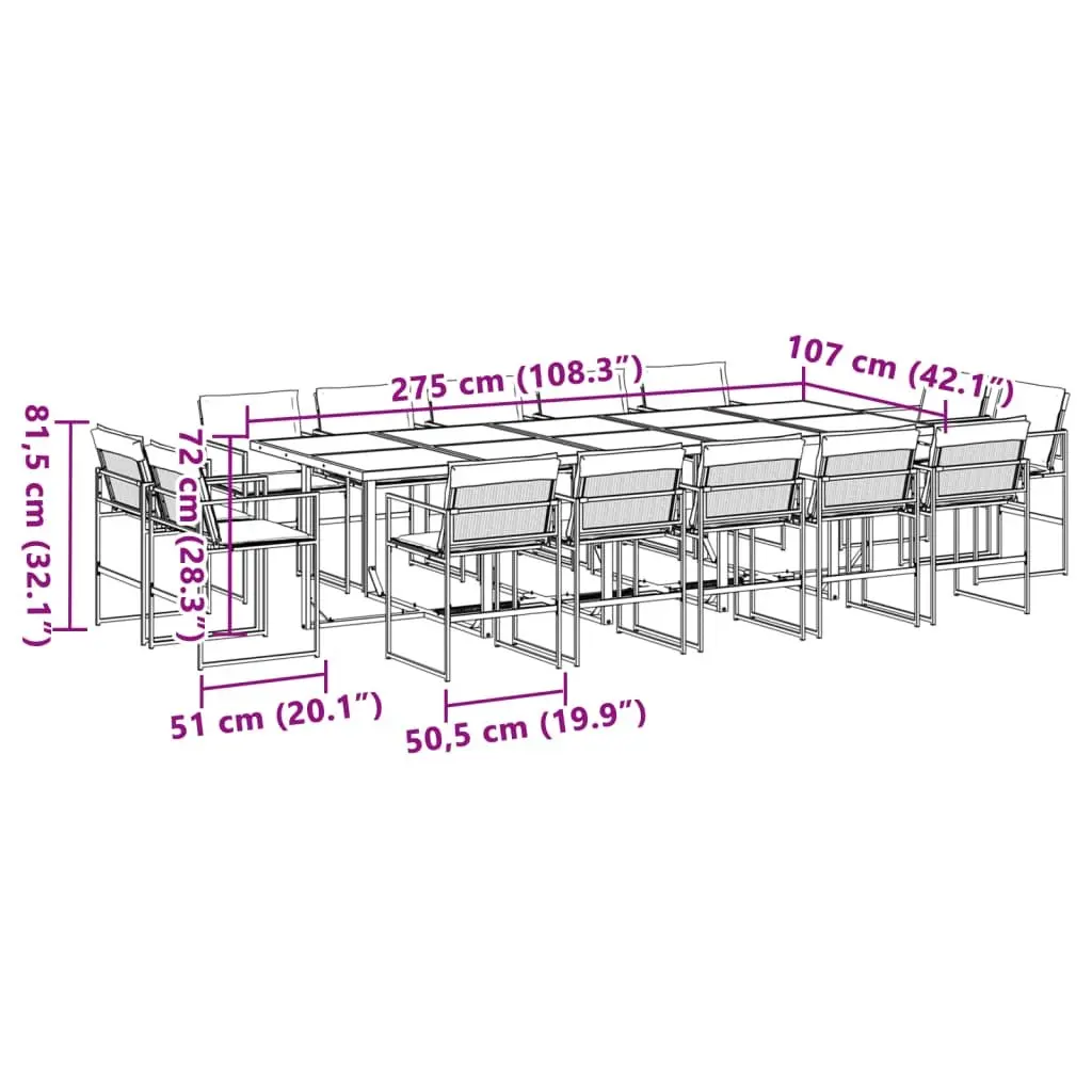 Garden Dining Set Textilene Chairs Glass Table 15 Piece Black