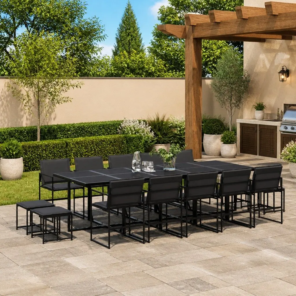Garden Dining Set 15 Piece Outdoor Furniture Patio Table Chairs Black Textilene
