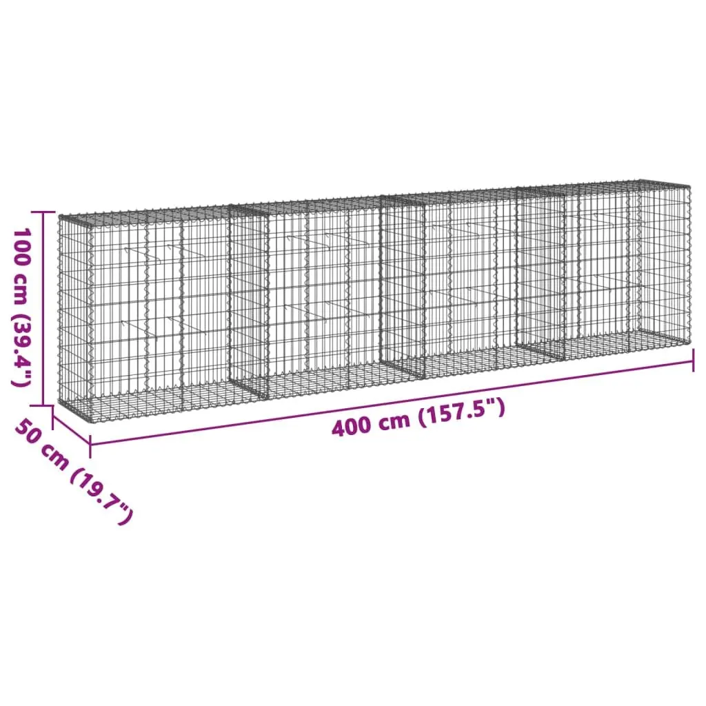 Gabion Basket 400x50x100 cm Silver Galvanised Iron Wire with Cover for Garden Landscaping and Outdoor Decor